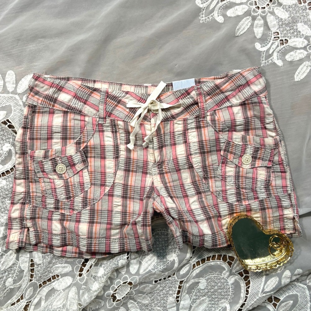 Y2K Cottage Unionbay Pink Orange Plaid Cargo Shorts Size 5 Bare Peach NWT